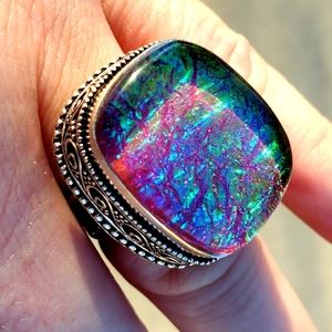 New Huge Dichoric Glass Antique Design 925 Silver Ring.